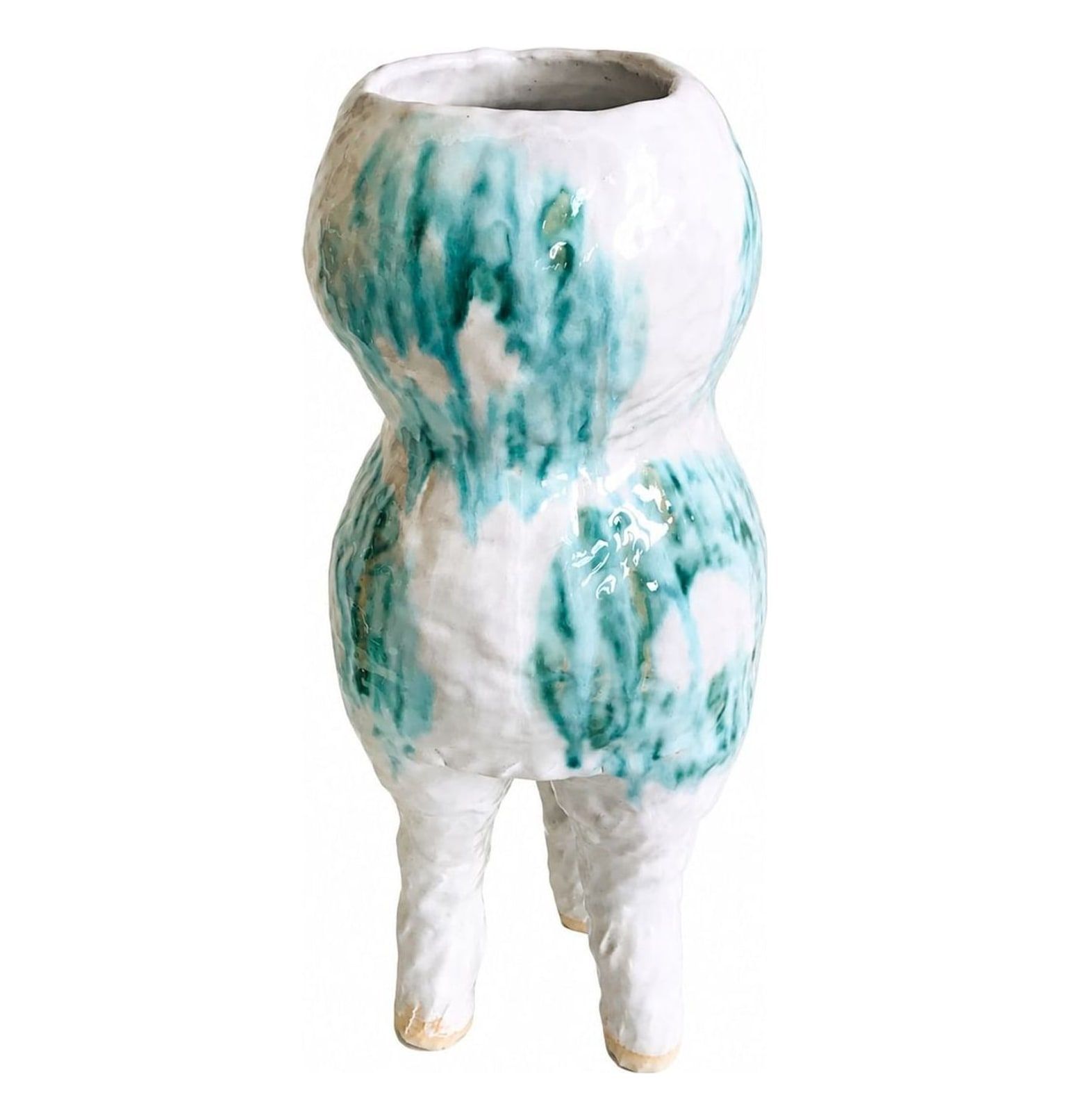 Trebent vase med rund korpus, hvit glasur med turkise drypp